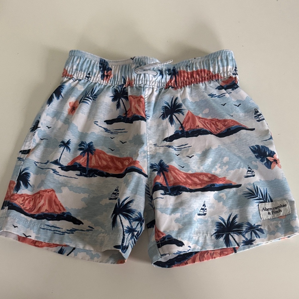 Abercrombie & Fitch Light Blue Swim Shorts with Coral & Navy Island Print